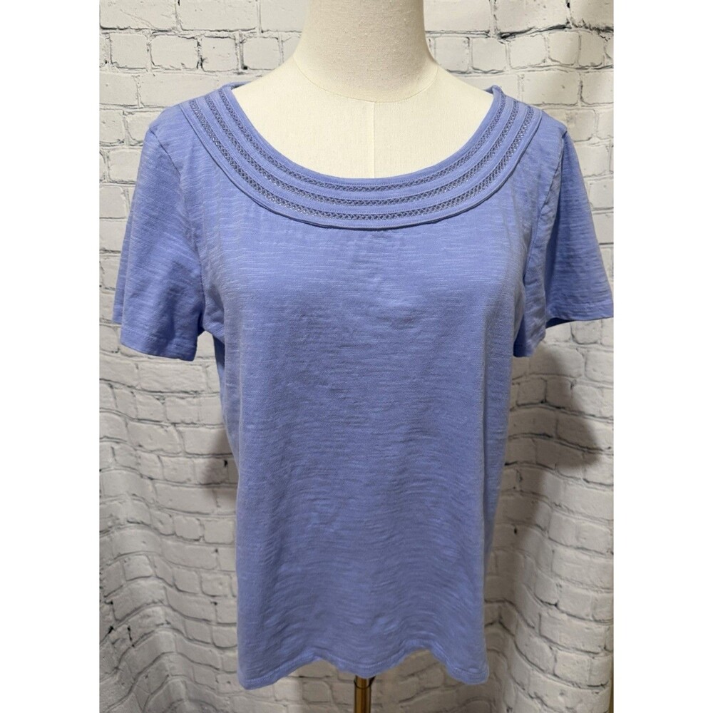 Talbots periwinkle blue short-sleeve top features a textured scoop neckline LP